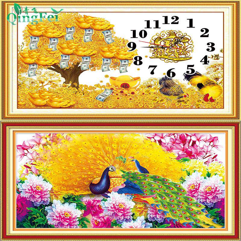 青飞富贵花开吉祥孔雀十字绣发财树钟表客厅卧室柬埔寨欧式