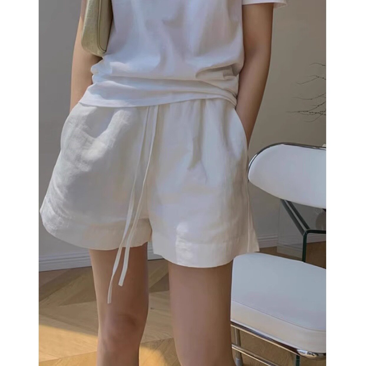 白色棉麻短裤女运动休闲