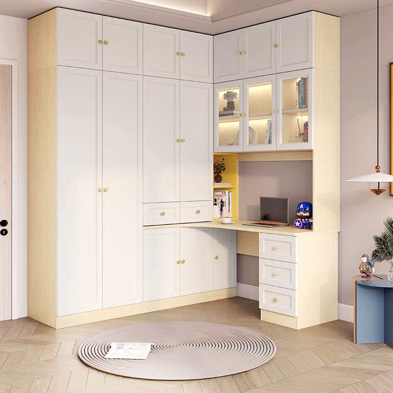 简约转角衣柜书桌一体组合儿童房书柜带电脑桌现代卧室书架储物柜