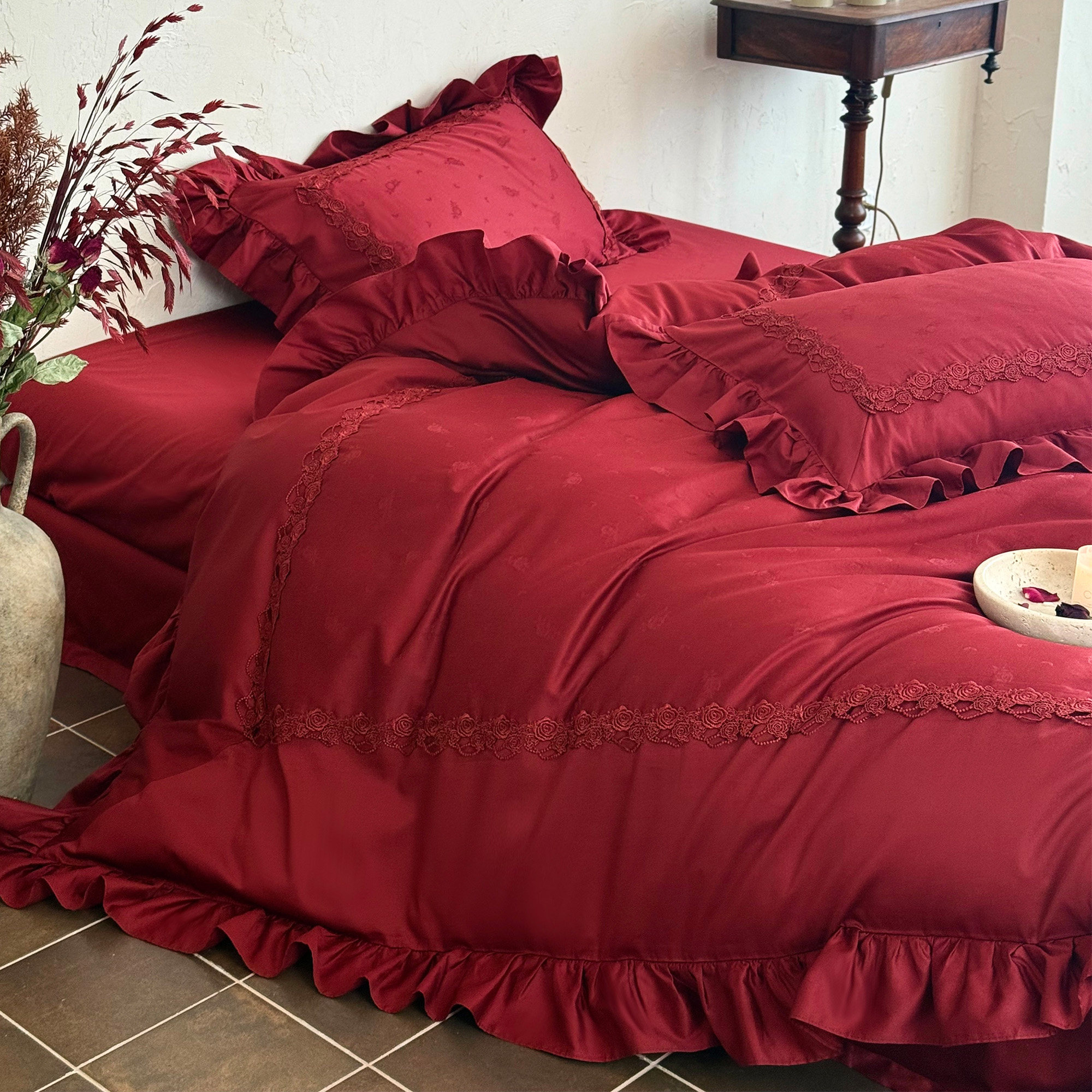 法式浪漫花边红色提花婚庆四件套全棉玫瑰花结婚被套床单1.8m床笠