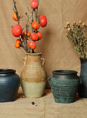 中式粗陶陶罐花瓶花器多肉花盆复古土陶透气干花做旧土罐瓦罐坛子