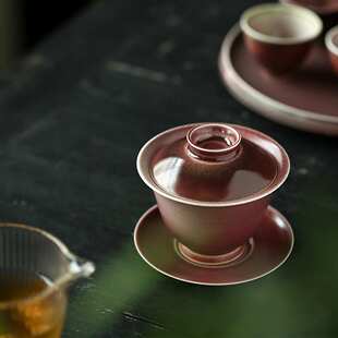 景德镇手工溪红盖碗 窑变桃粉色盖碗 无托盖碗 女士泡茶碗三才碗