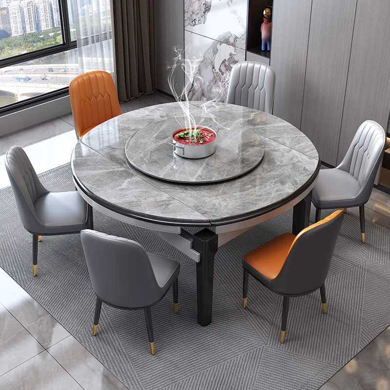 实木岩板餐桌椅轻奢伸缩折叠现代简约小户型家用可变圆桌圆形桌子