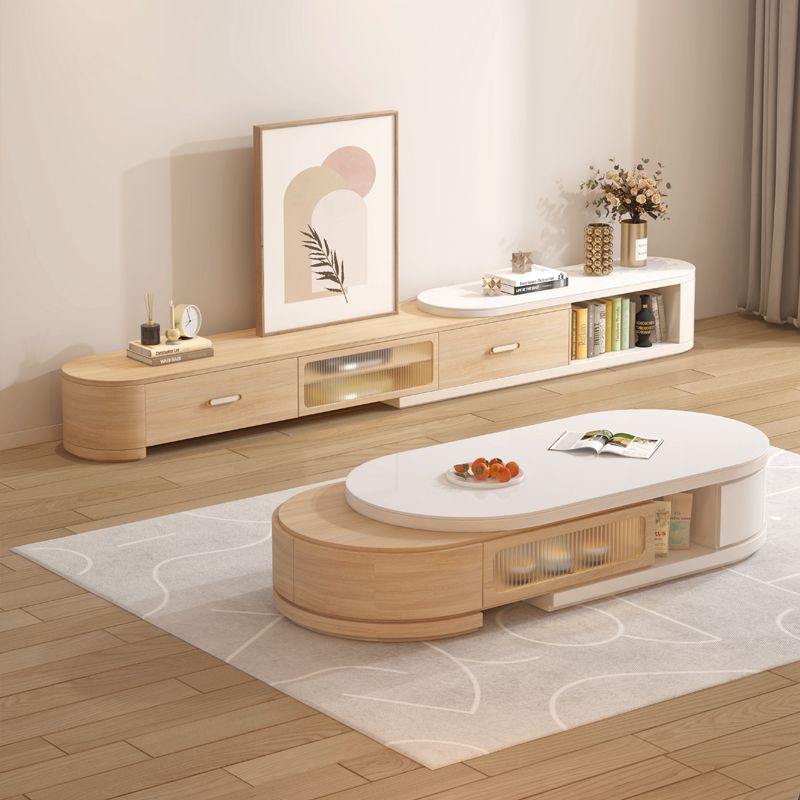 奶油风可伸缩岩板电视柜茶几组合小户型家用客厅拉伸地柜北欧原木