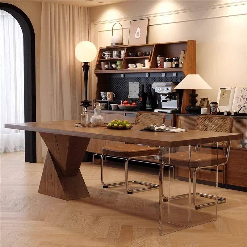 原木吃饭桌子轻奢餐桌椅组合家用悬浮书桌实木茶桌亚克力桌腿透明