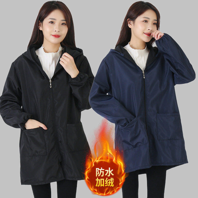 羽绒服罩衣成人女秋冬韩版拉链外套水晶绒护衣长袖厨房围裙工作服