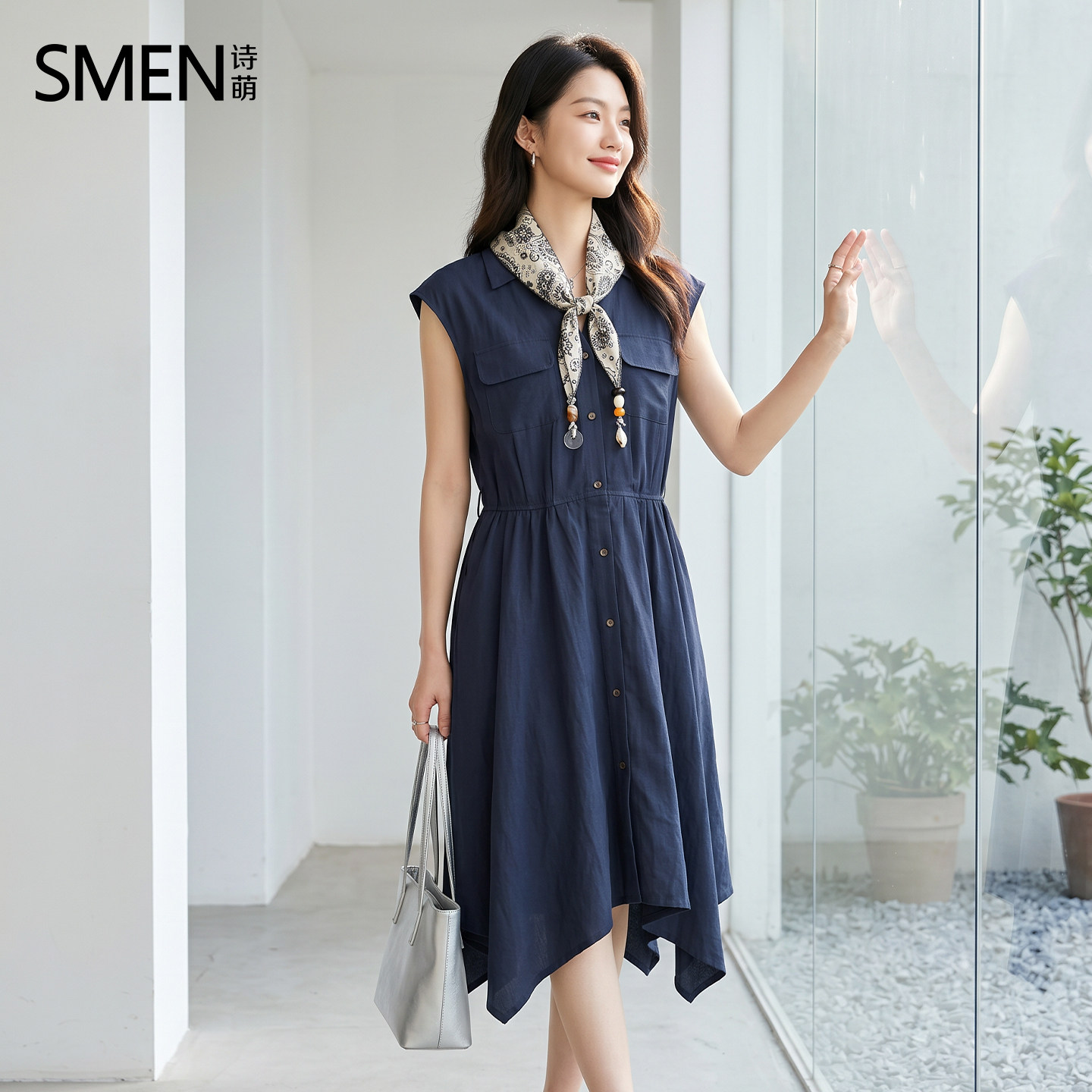 SMEN诗萌夏季丝巾收腰显瘦连衣裙