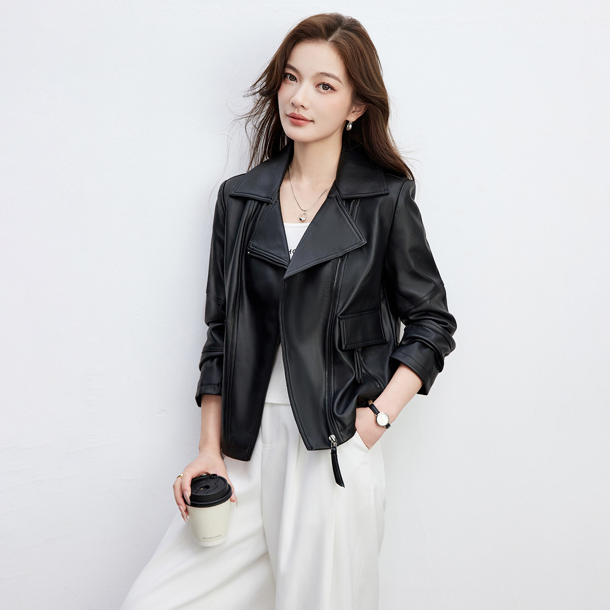 诗萌黑色短款机车PU皮夹克女