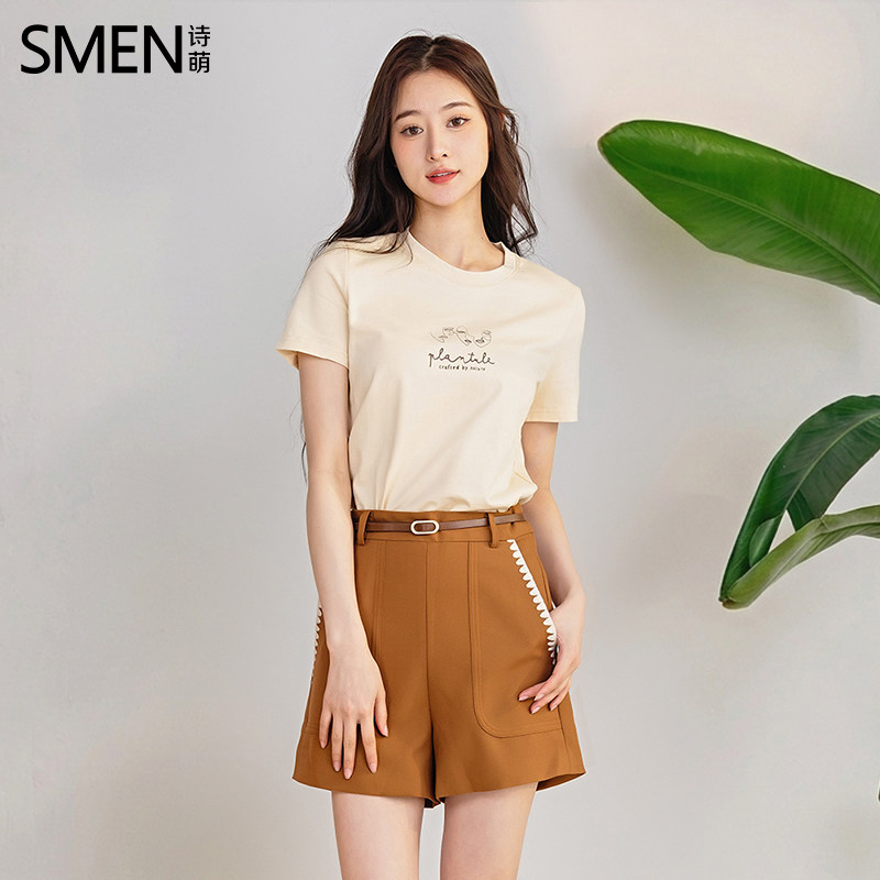 SMEN诗萌圆领短袖T恤女2026夏季新款字母印花套头棉质正肩上衣