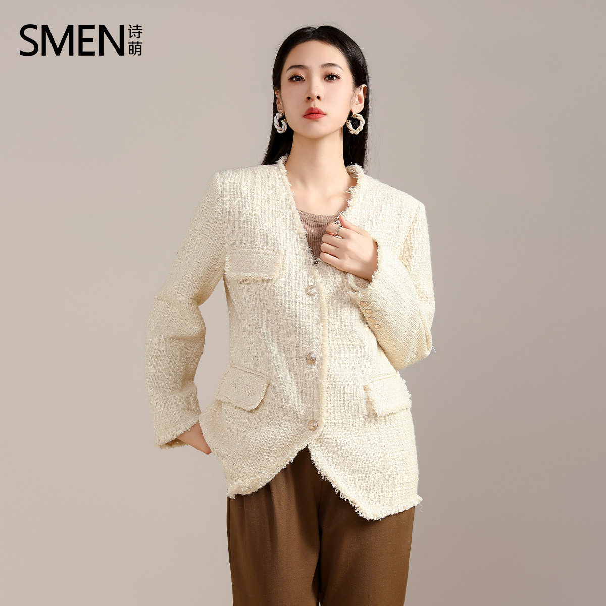 SMEN诗萌小香风中长款时尚外套女