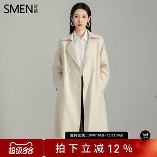 SMEN诗萌英伦风双排扣风衣外套女士2026秋季收腰西装中长款大衣