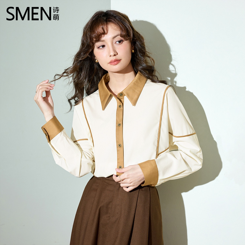 SMEN诗萌撞色翻领拼接雪纺衬衫女