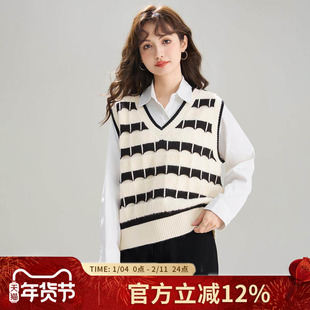 SMEN诗萌2026春秋黑白棋盘菱格针织背心马甲V领复古时尚内搭上衣