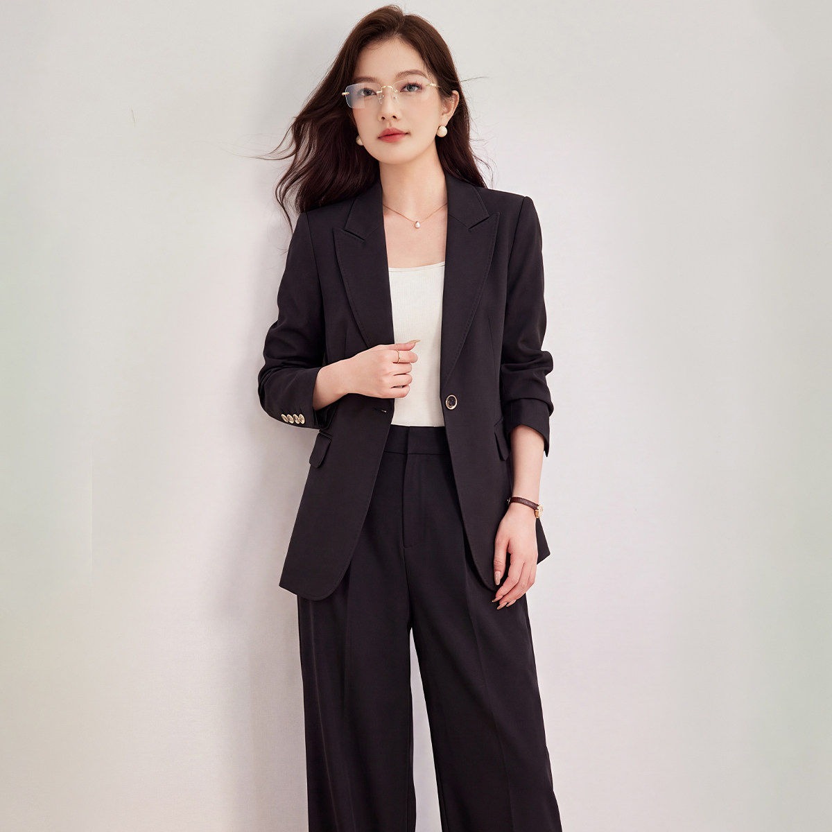 诗萌黑色长袖职场通勤西装套装女