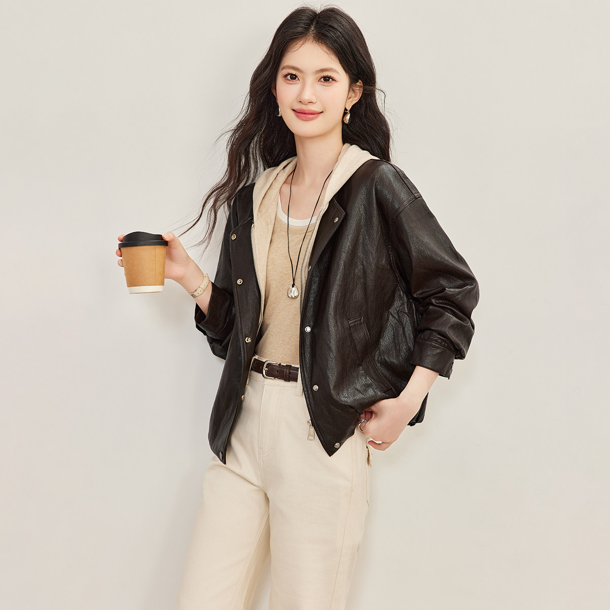 诗萌美式假两件连帽PU皮衣女