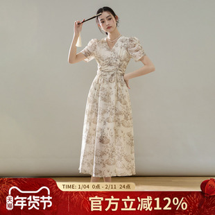 诗萌国风雪纺碎花连衣裙2025夏季女装法式收腰显瘦气质泡泡袖长裙