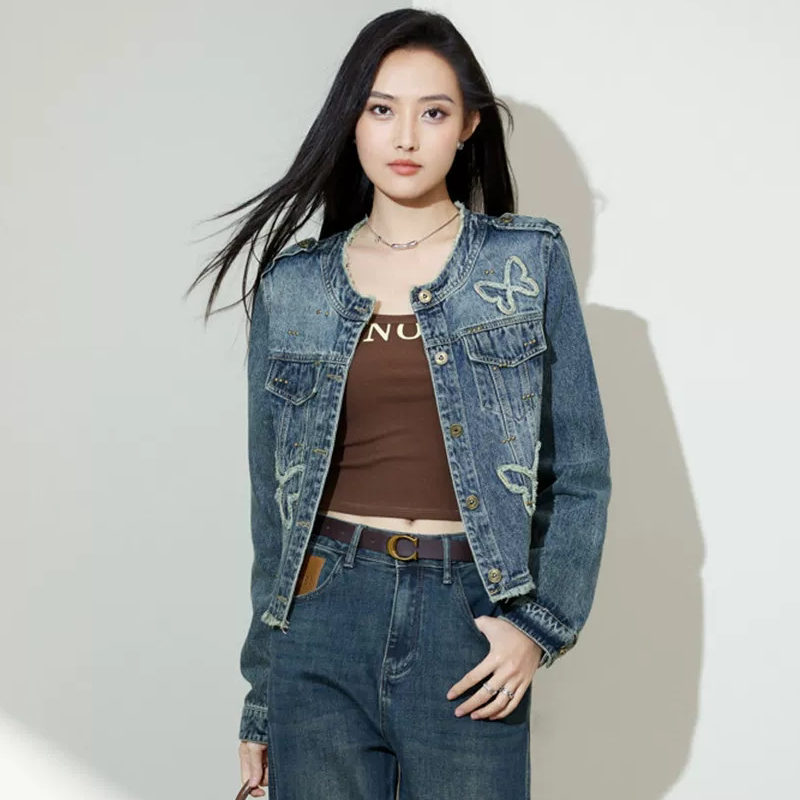 诗萌复古港风刺绣牛仔短外套女