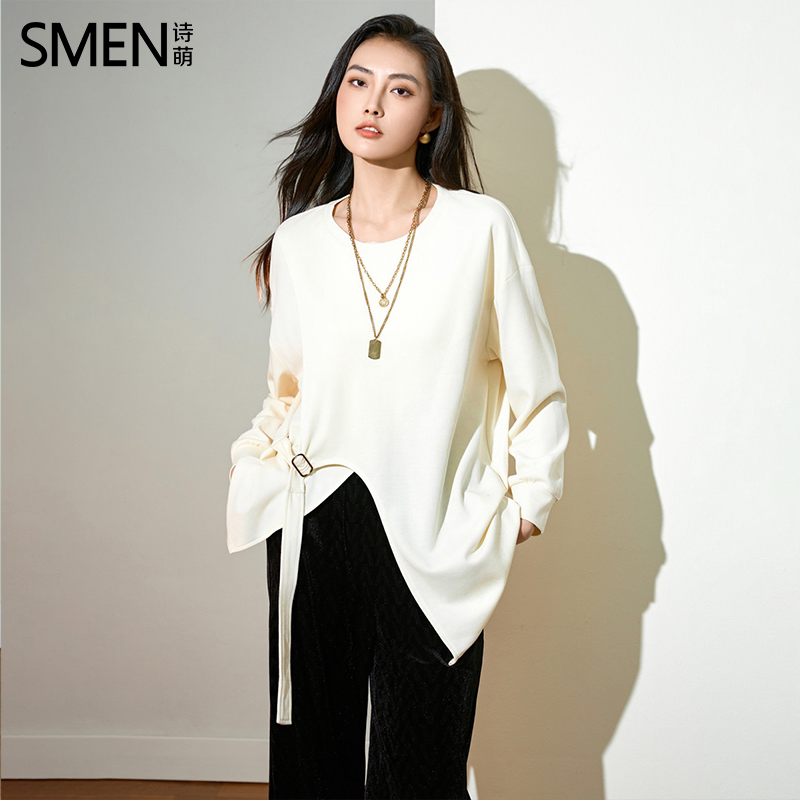 SMEN诗萌斜侧设计感圆领长袖T恤