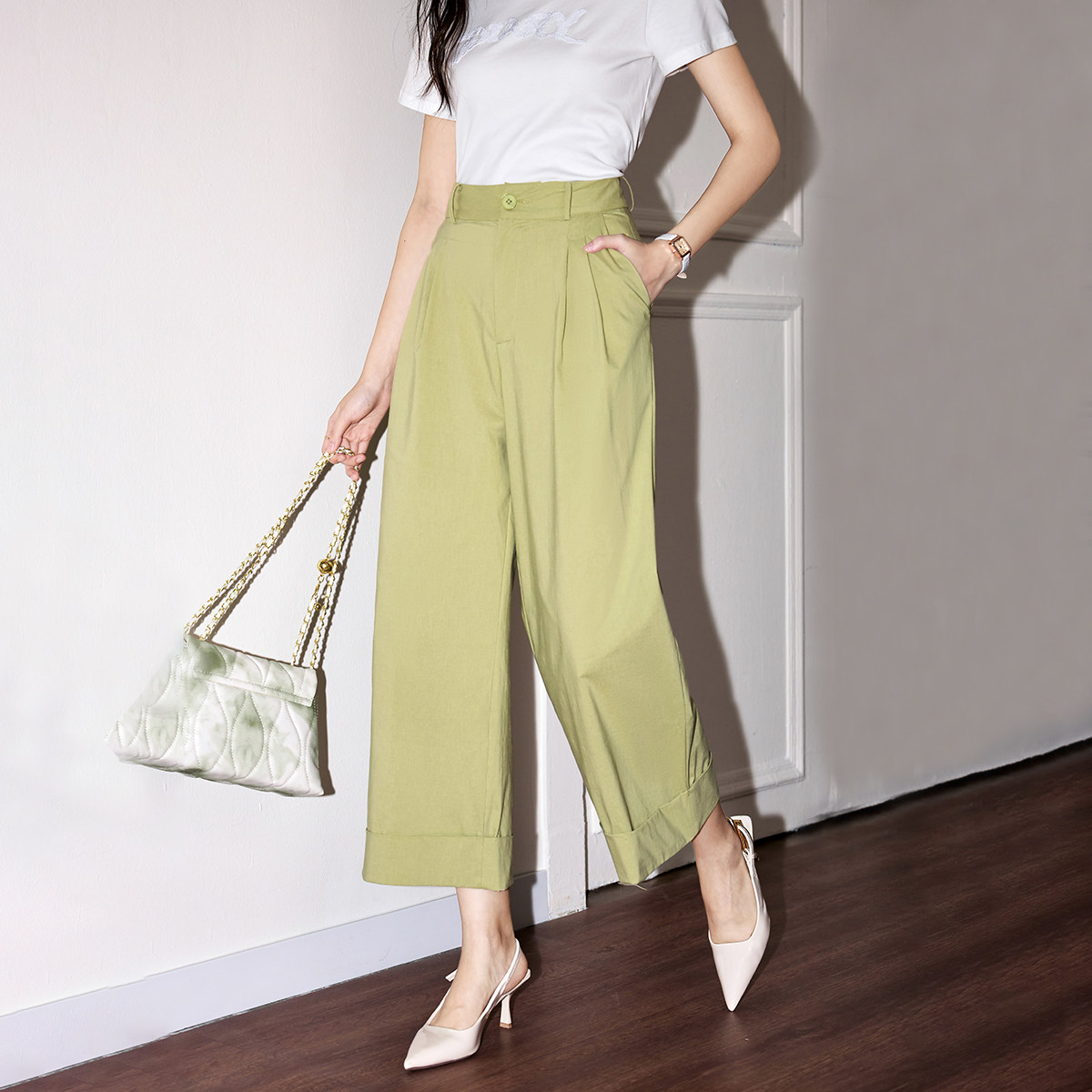 诗萌韩系时尚阔腿裤女2025夏季薄款高腰宽松显瘦小个子休闲九分裤