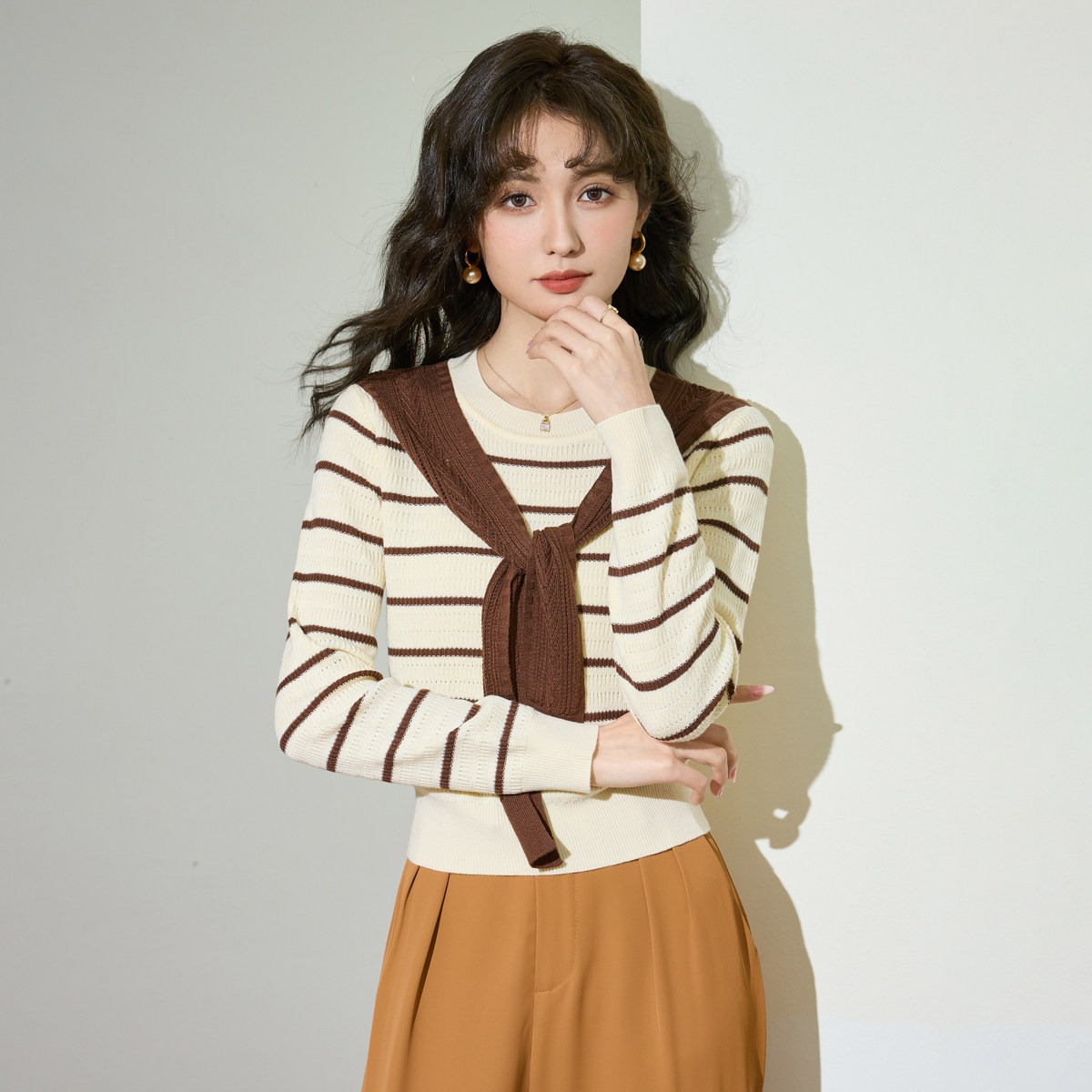 诗萌学院风条纹显瘦针织披肩女