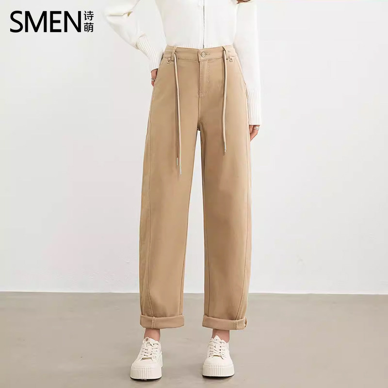 SMEN诗萌极简风卡其色直筒裤女2026九分裤小个子高级感宽松休闲裤