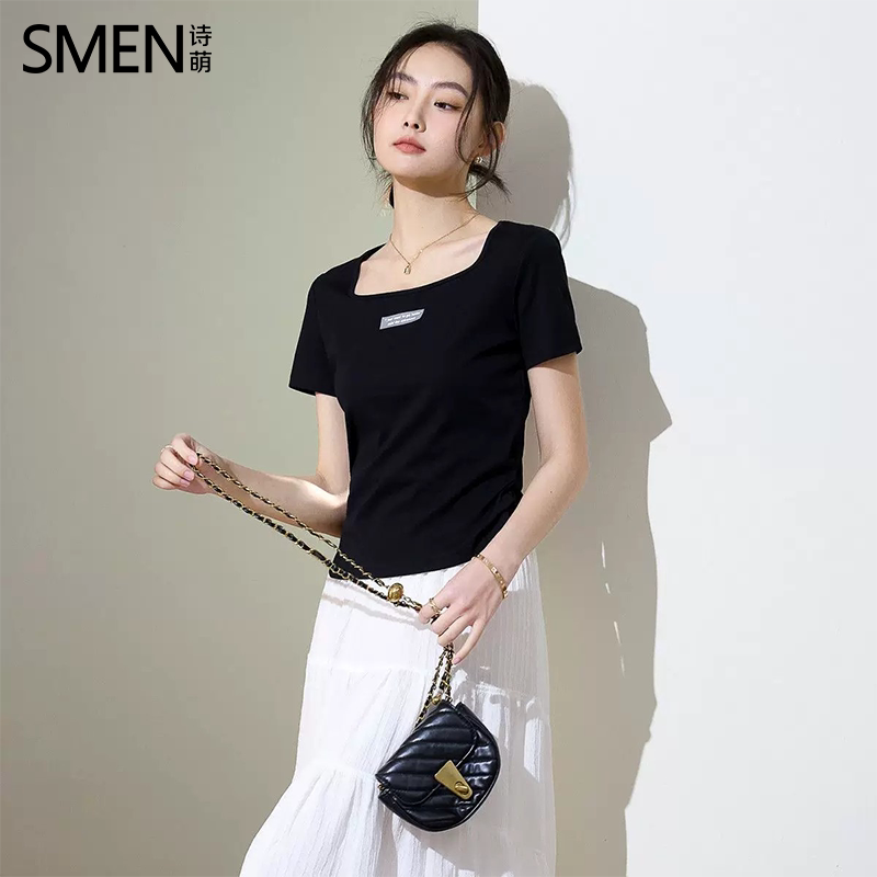 SMEN诗萌夏季方领字母短袖T恤女