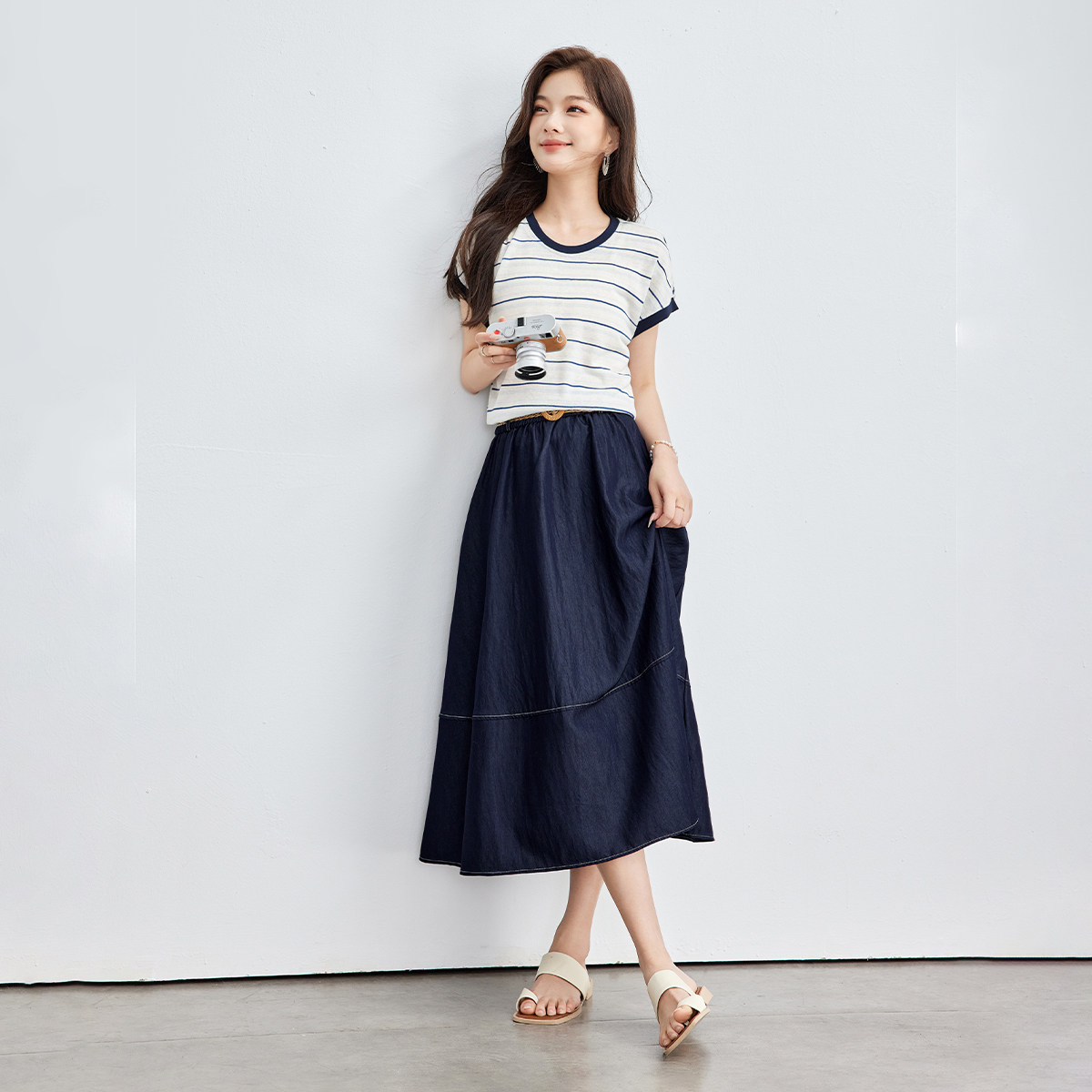 SMEN夏条纹针织衫牛仔裙两件套女