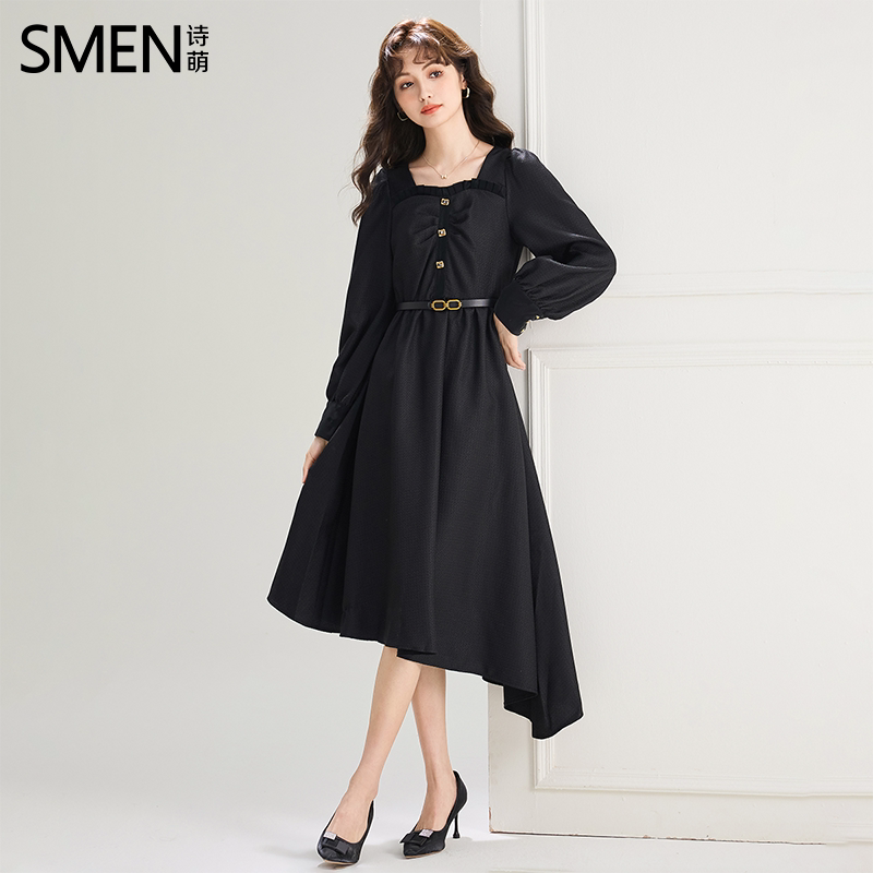 SMEN诗萌法式长袖不规则连衣裙女