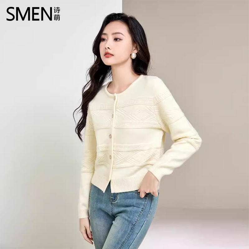 SMEN诗萌圆领肌理感长袖针织开衫