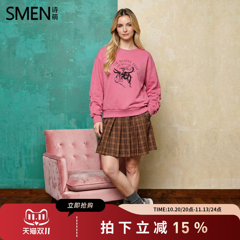 SMEN诗萌粉色印花卫衣女2026春秋圆领长袖宽松休闲百搭上衣