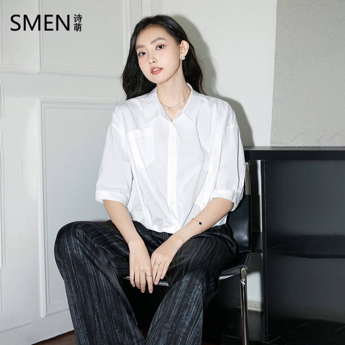 SMEN诗萌夏季翻领时尚五分袖衬衫