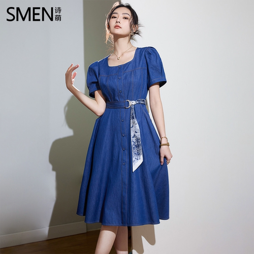SMEN诗萌复古方领长款牛仔连衣裙