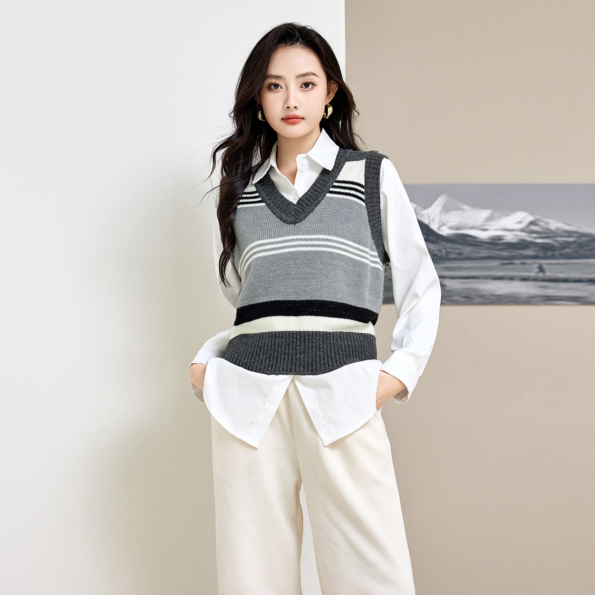 SMEN诗萌V领针织马甲女显瘦百搭