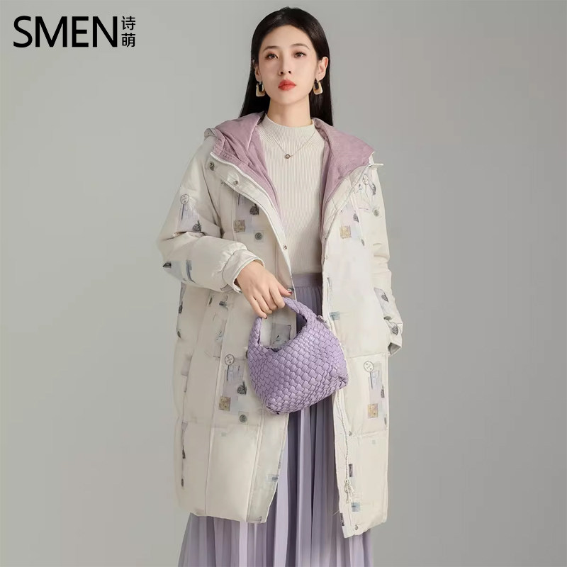 Smen诗萌商场同款系列款连帽羽绒服90白鸭绒2025冬中长款加厚外套