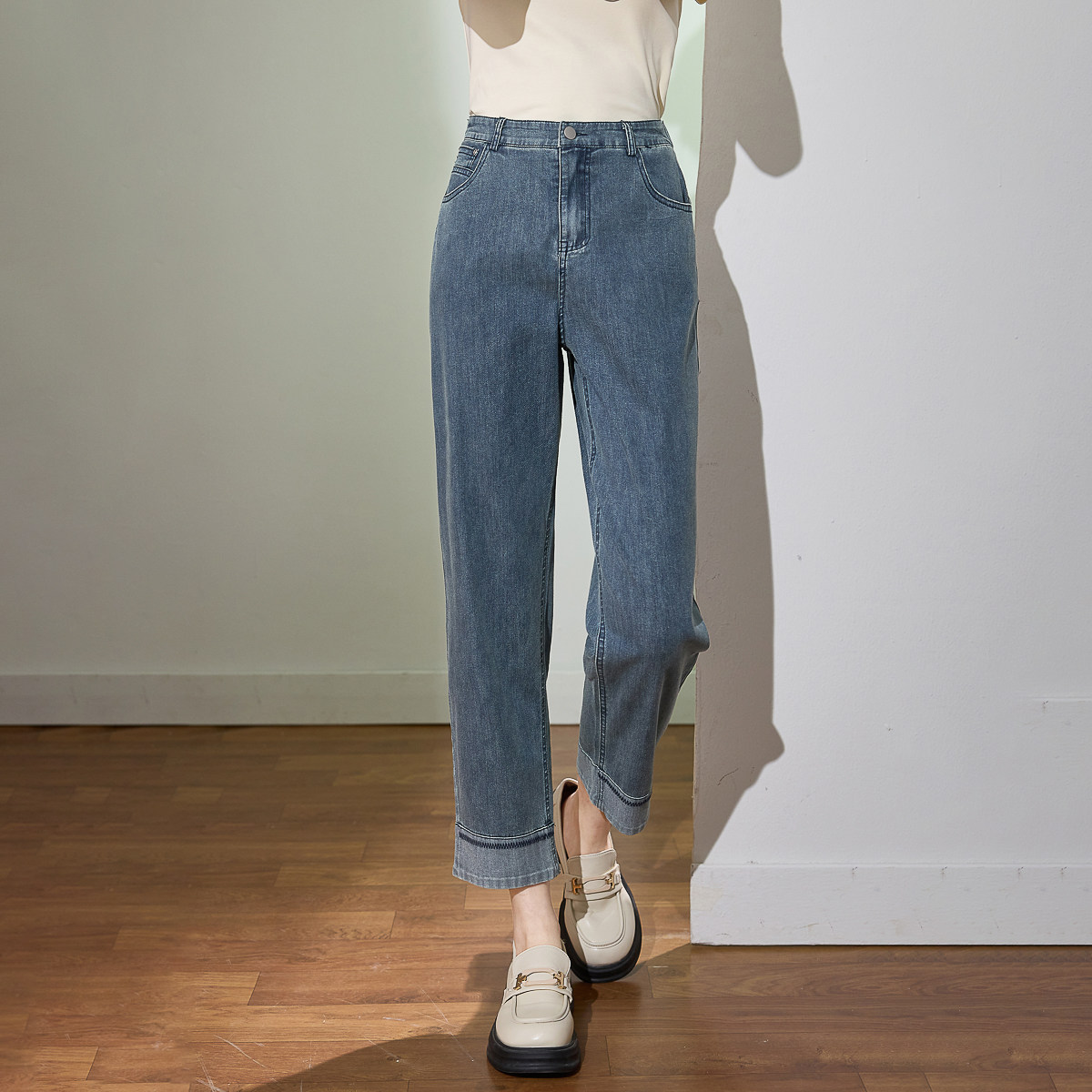 诗萌九分烟管牛仔裤女2025夏季新款小个子复古收腰撞色直筒长裤