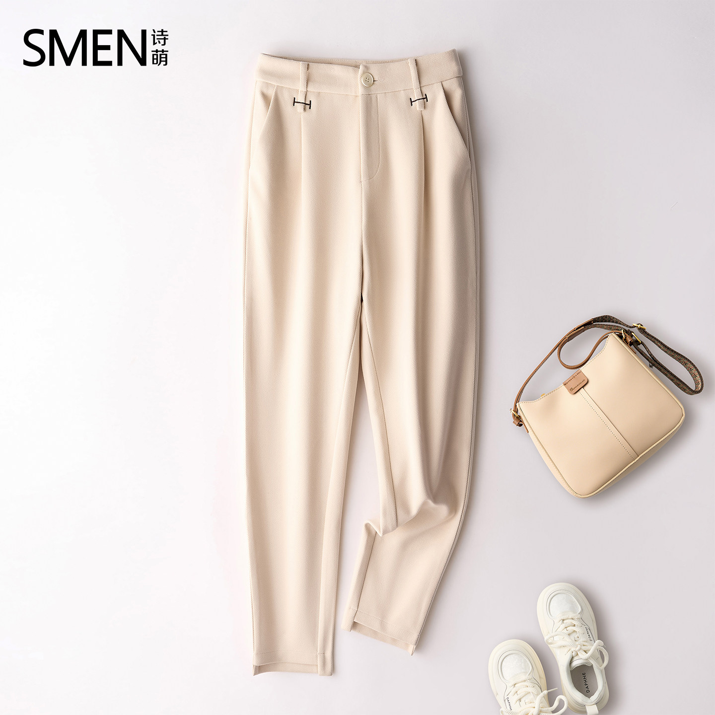 SMEN诗萌通勤风高腰显瘦休闲直筒裤女2026米色九分裤垂坠感裤子