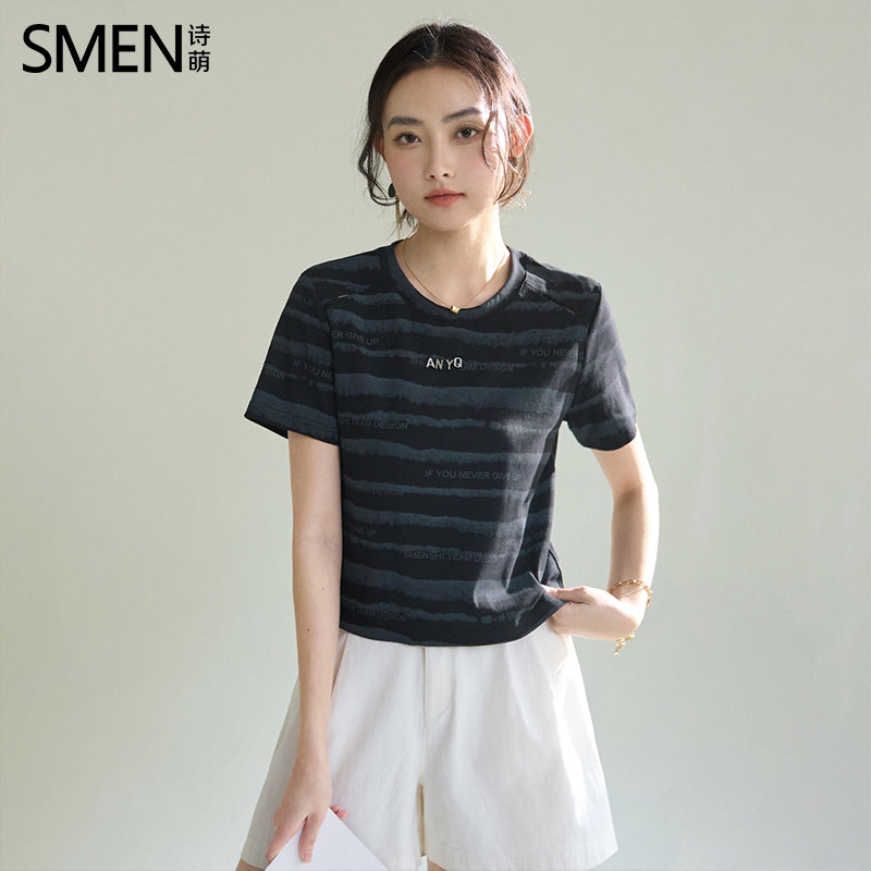 SMEN诗萌韩版条纹印花短袖T恤女