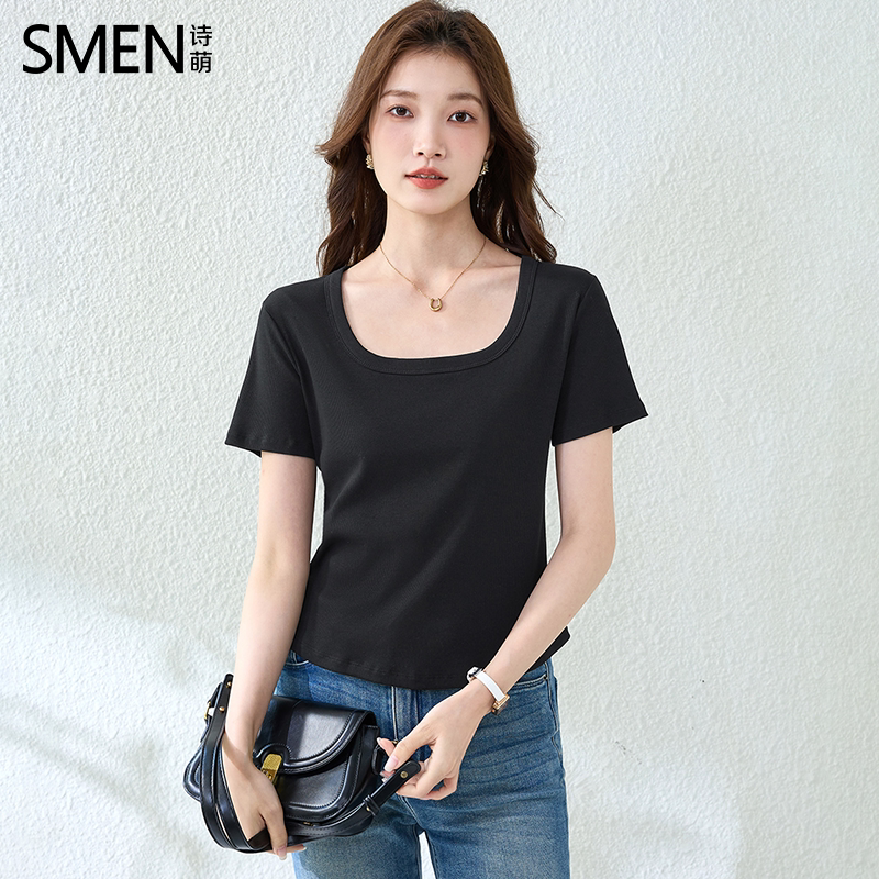 SMEN诗萌夏季新款方领短袖t恤女