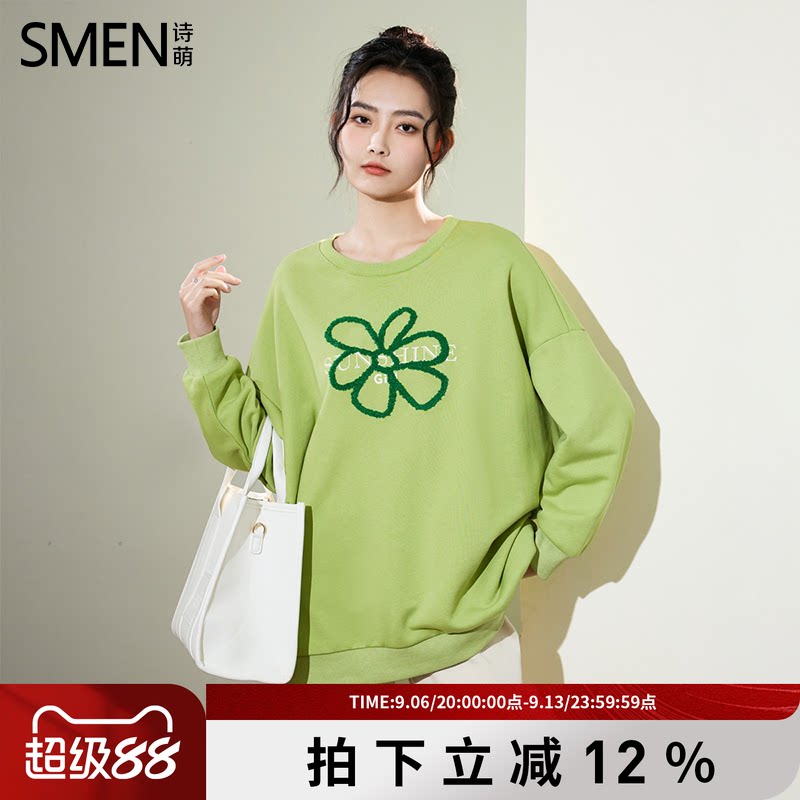 SMEN诗萌复古字母花朵宽松卫衣女
