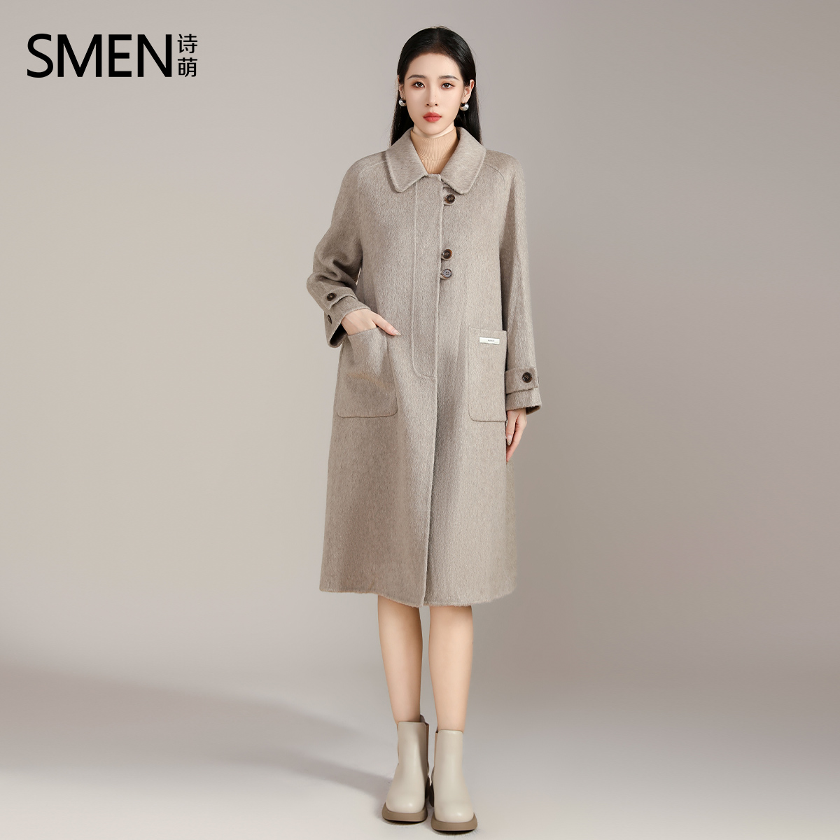 Smen诗萌长款双面呢宽松大衣