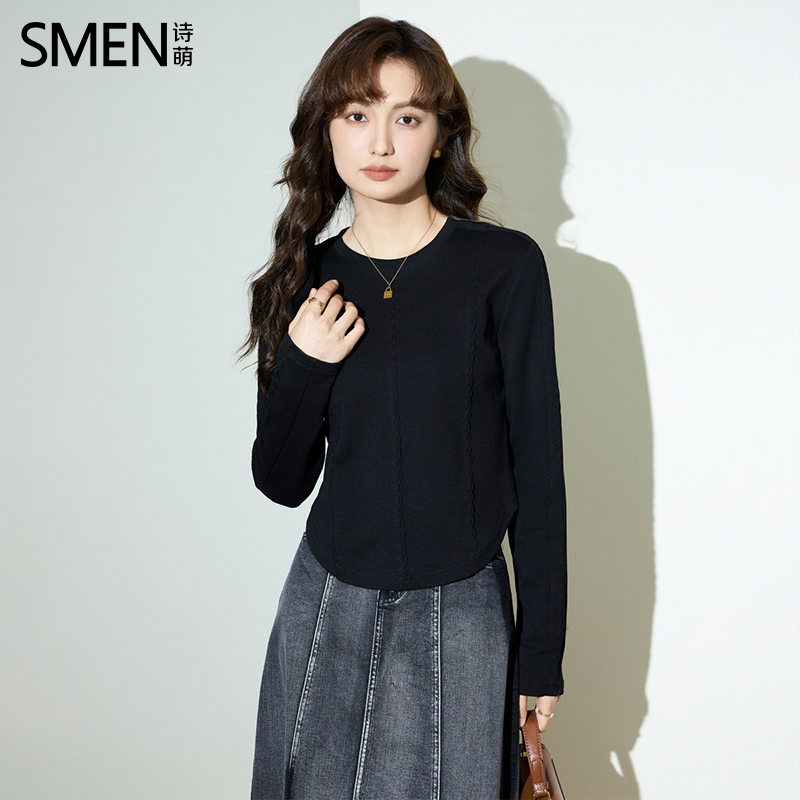 SMEN诗萌黑色简约圆领长袖T恤女