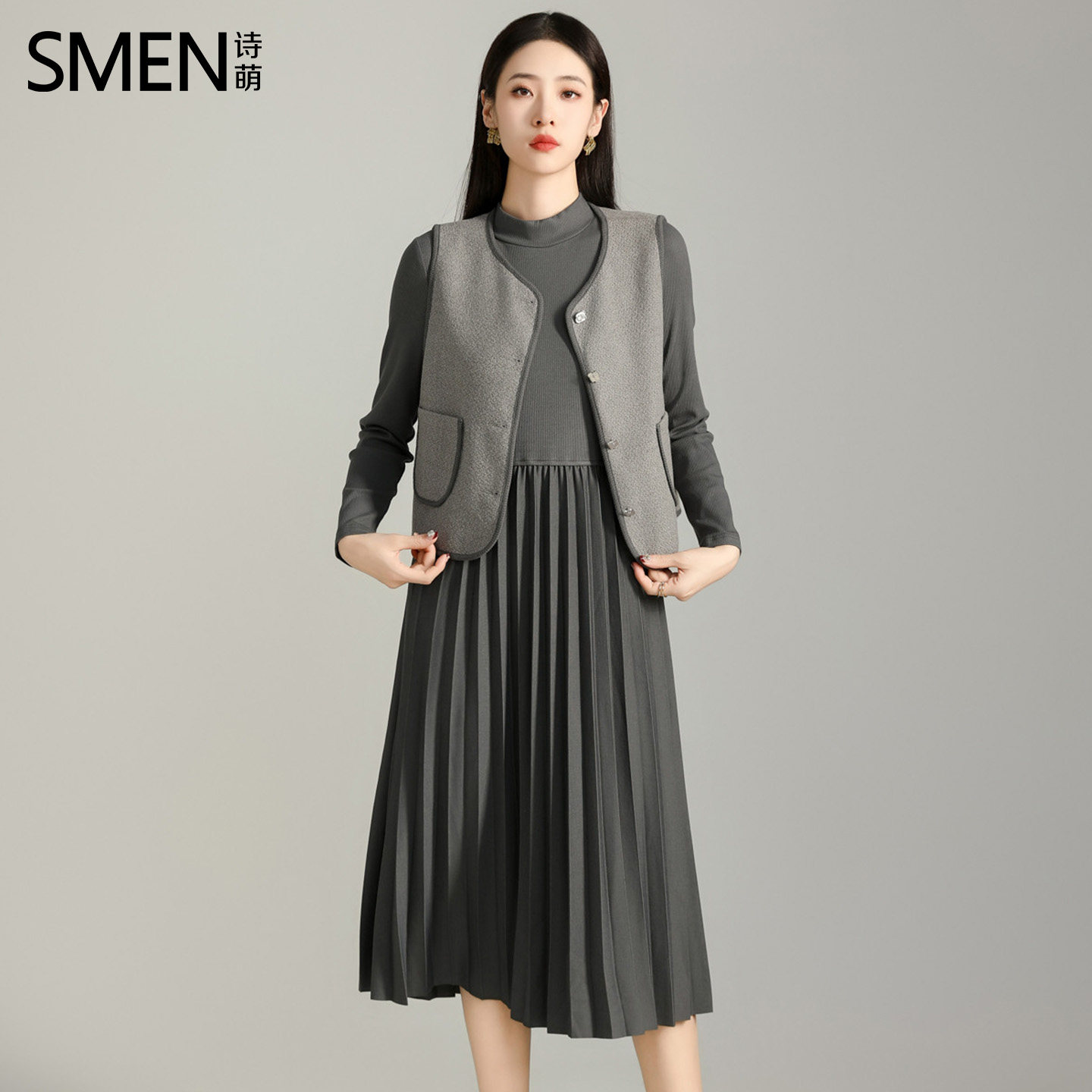 SMEN诗萌2026秋季毛呢马甲套装裙