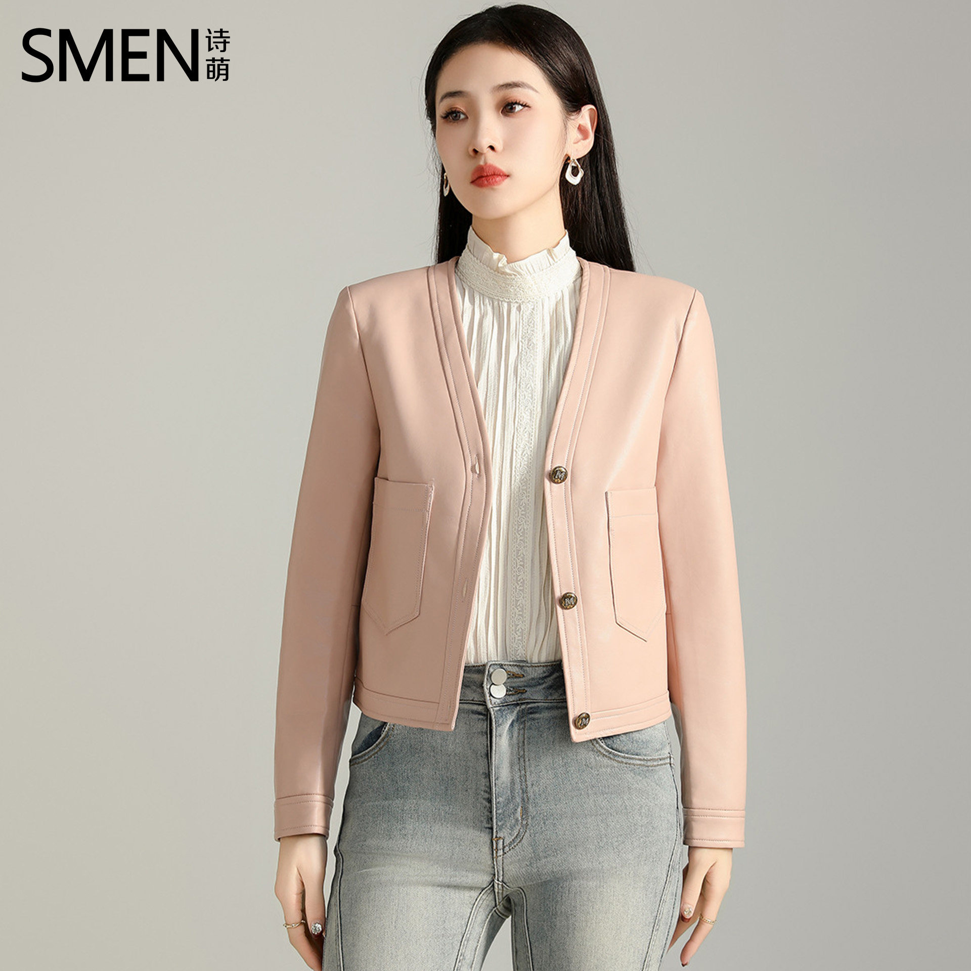SMEN诗萌淡粉色简约仿皮短外套女