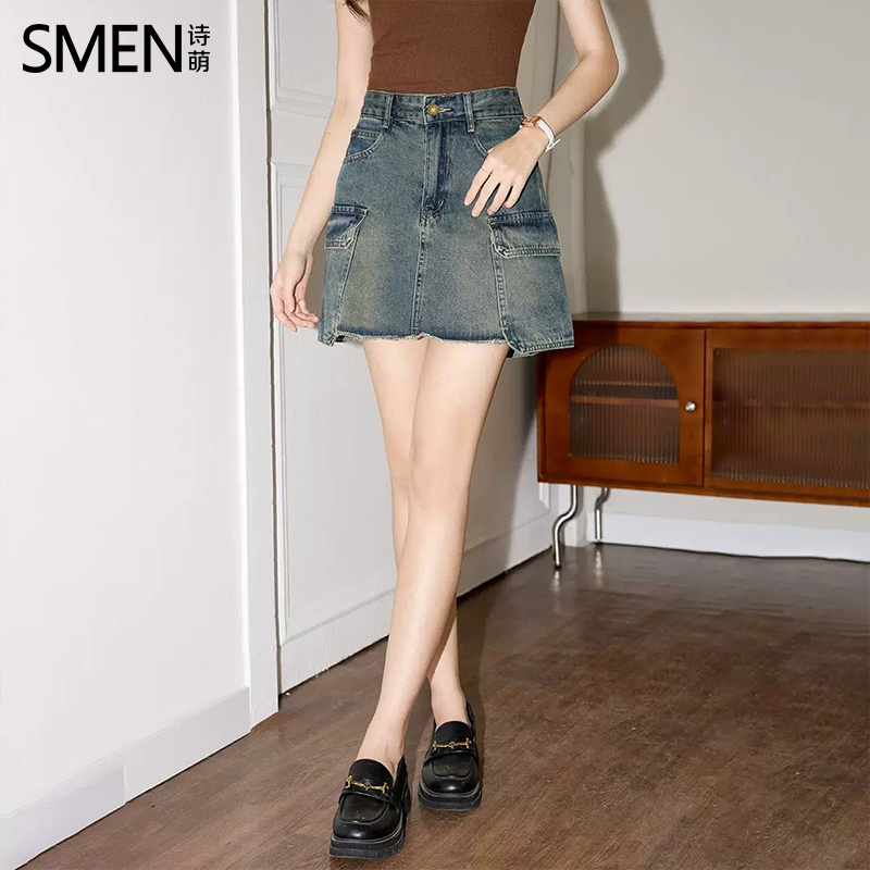 SMEN诗萌工装牛仔不规则A字短裙