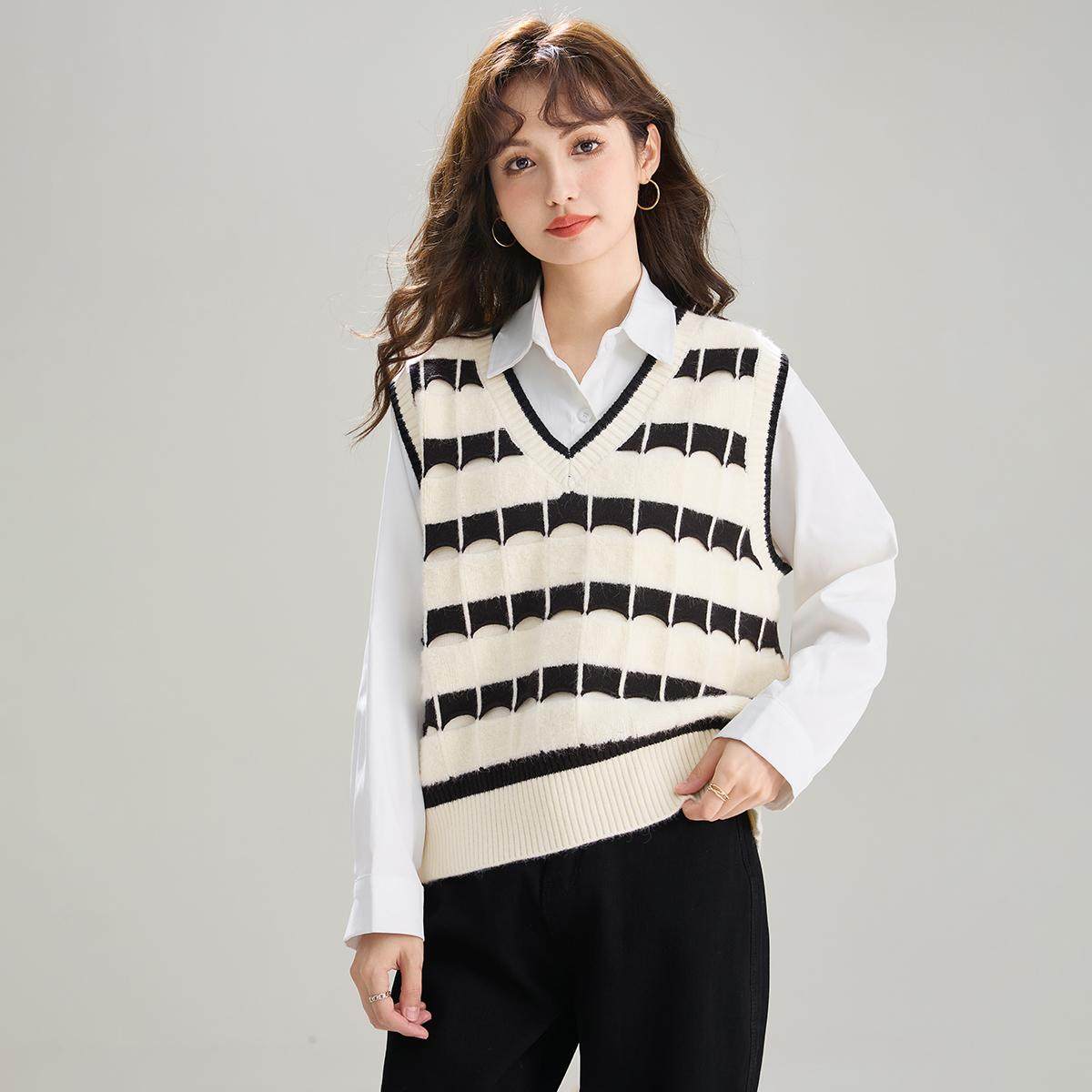 SMEN诗萌2026春秋黑白棋盘菱格针织背心马甲V领复古时尚内搭上衣