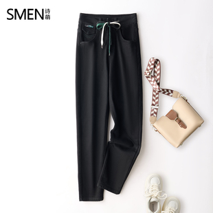 SMEN诗萌黑色系带加绒牛仔裤 女2025高腰显瘦宽松休闲老爹萝卜裤