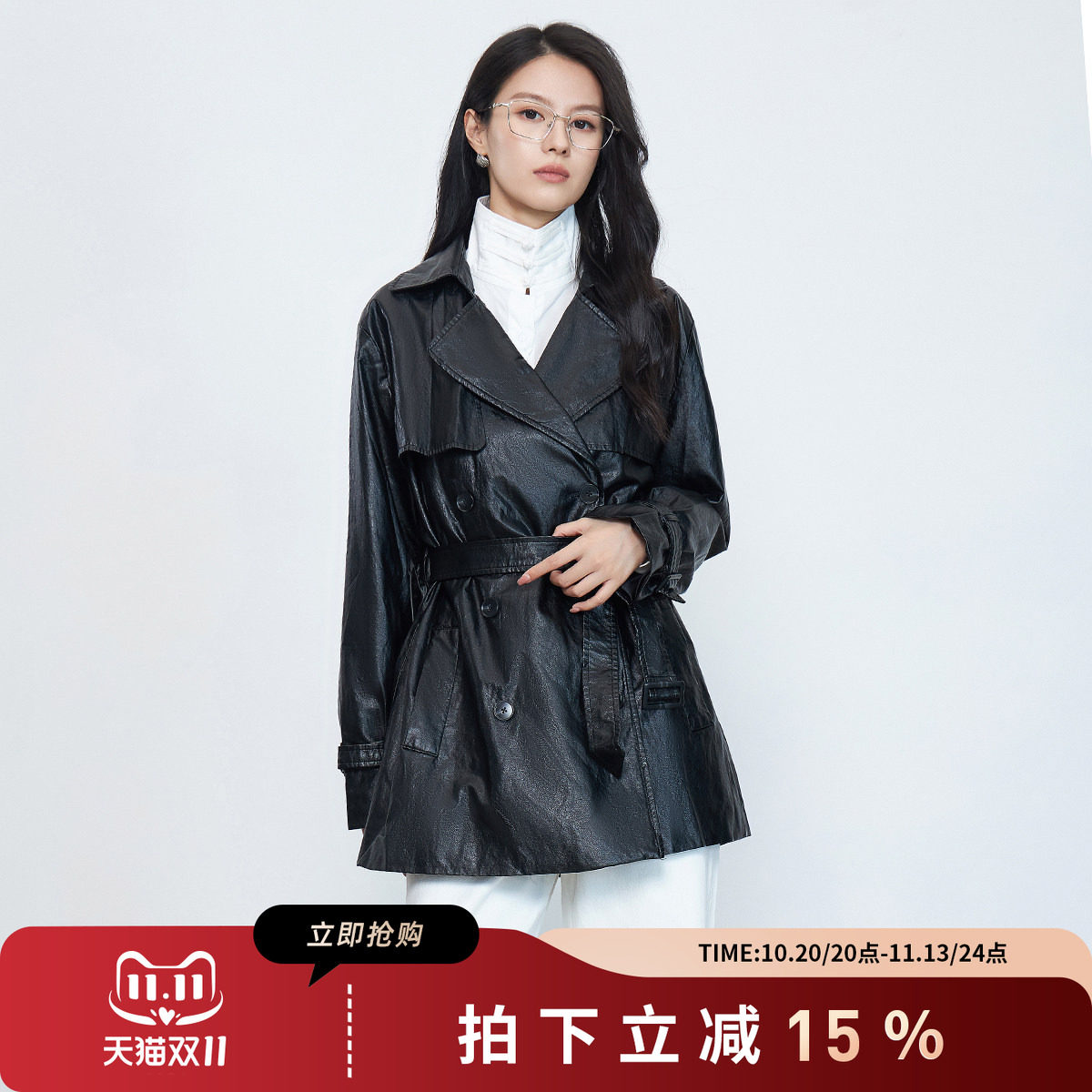 SMEN诗萌秋季黑色修身双排扣皮衣