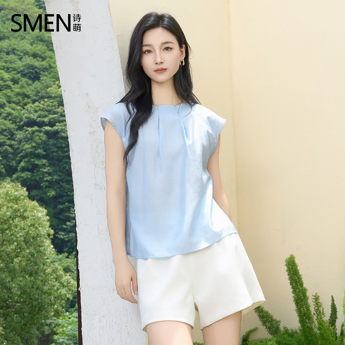 SMEN诗夏季法式压褶无袖纯色衬衫