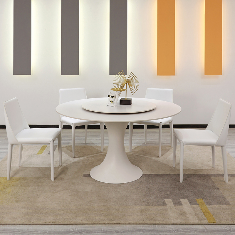 奶油风岩板圆餐桌椅组合家用多功能现代简约小户型带转盘吃饭桌子