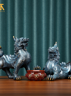 彩铜貔貅摆件一对客厅玄关装饰神兽办公室工艺品公司乔迁开业礼品